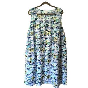 J. Jill Love Linen Dress Size 3X Multicolor Tropical Print Knee Length Coastal